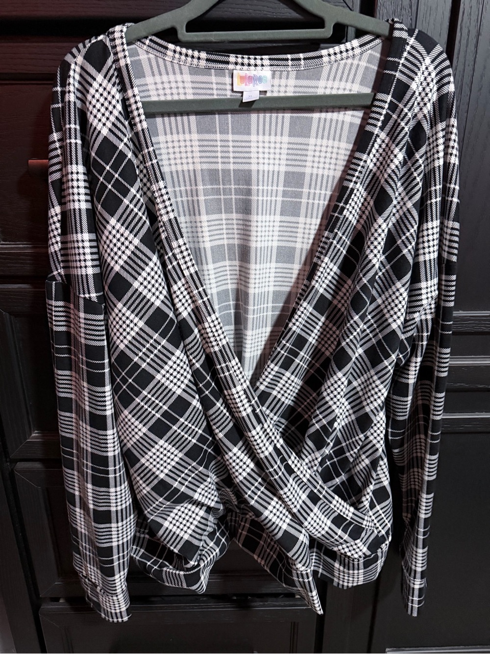 LuLaRoe Black & White Plaid V-Neck Wrap Top